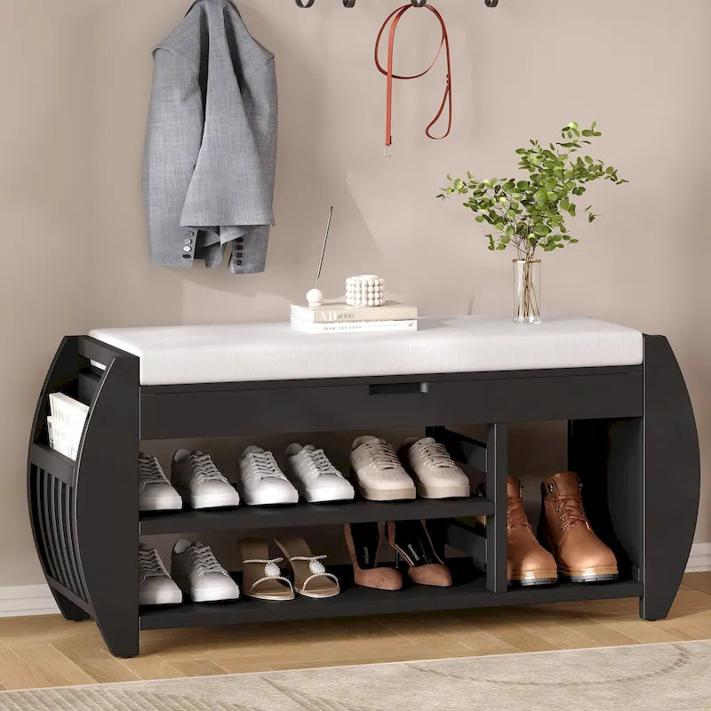 Banc de rangement 2 places avec coussin – Noir / Naturel / Bleu marine / Espresso / Blanc antique