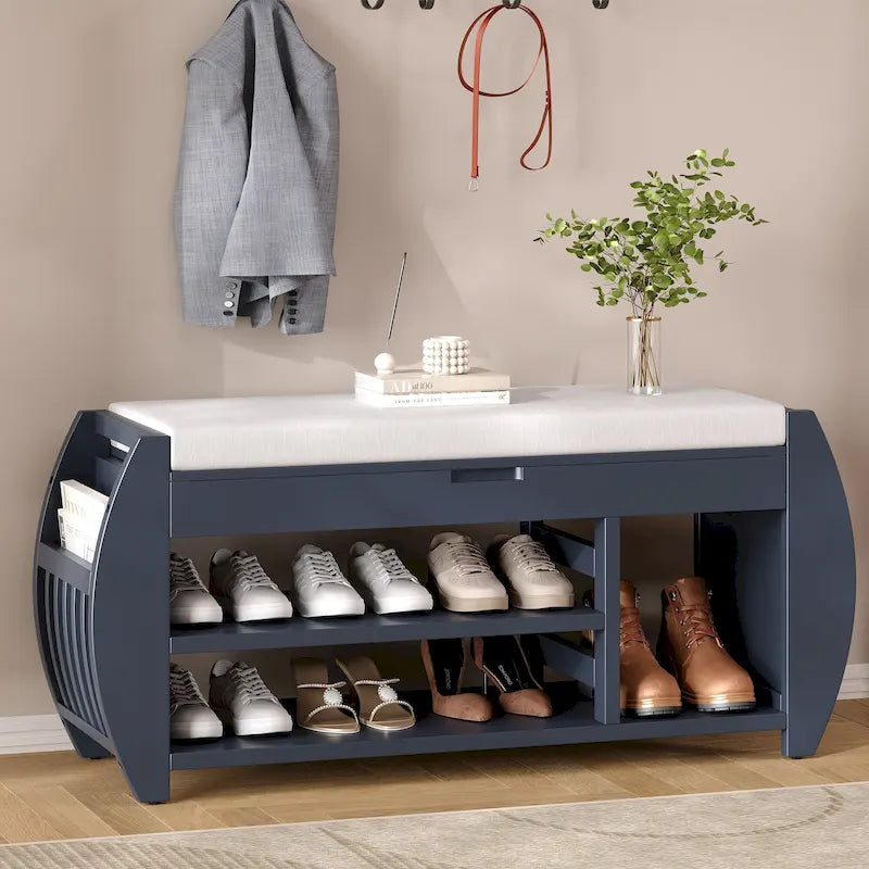 Banc de rangement 2 places avec coussin – Noir / Naturel / Bleu marine / Espresso / Blanc antique