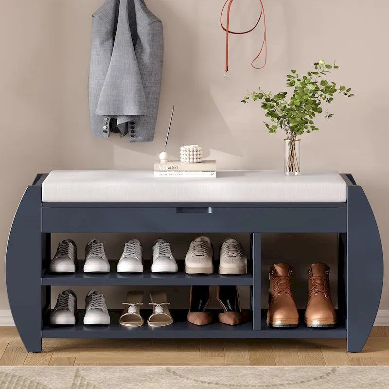 Banc de rangement 2 places avec coussin – Noir / Naturel / Bleu marine / Espresso / Blanc antique