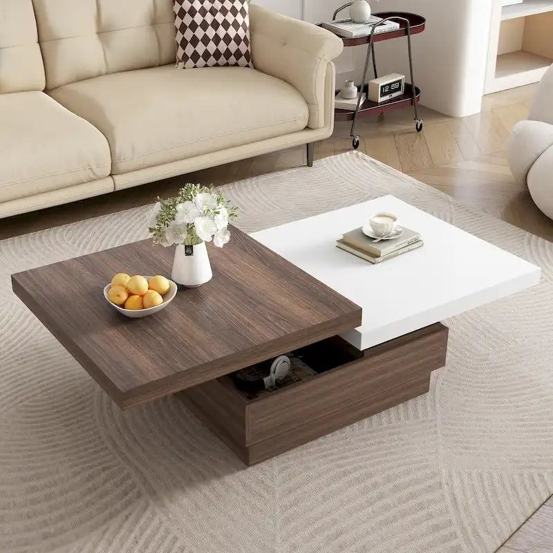 Table basse carrée rotative noire et blanche avec rangement caché, double couche, MDF