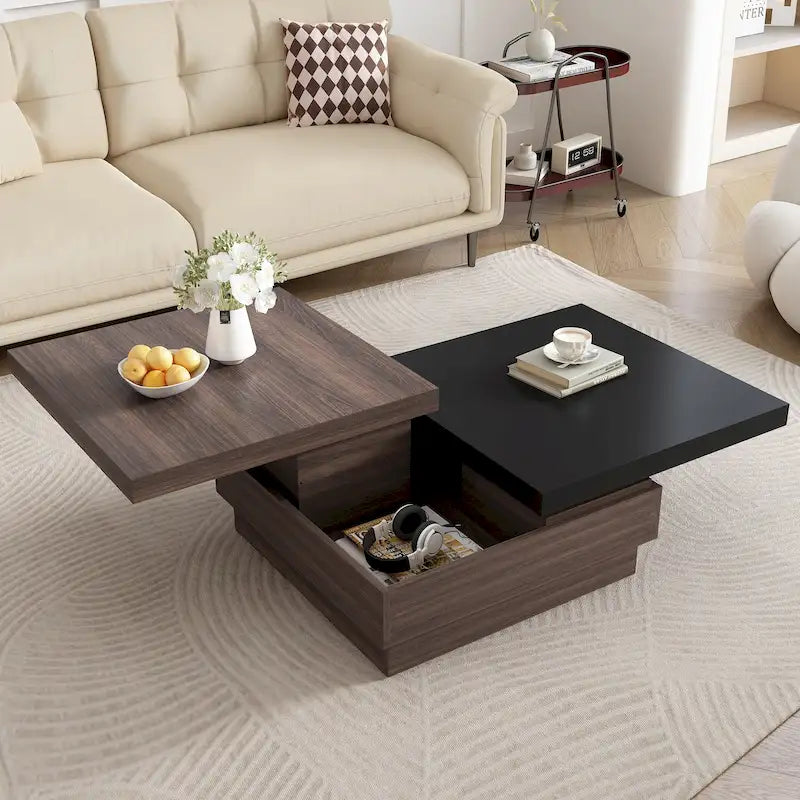 Table basse carrée rotative noire et blanche avec rangement caché, double couche, MDF