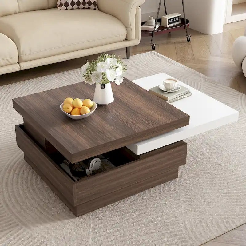 Table basse carrée rotative noire et blanche avec rangement caché, double couche, MDF