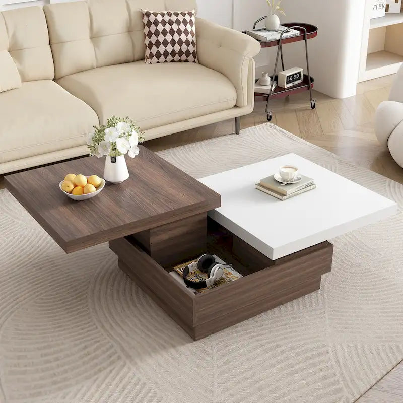 Table basse carrée rotative noire et blanche avec rangement caché, double couche, MDF