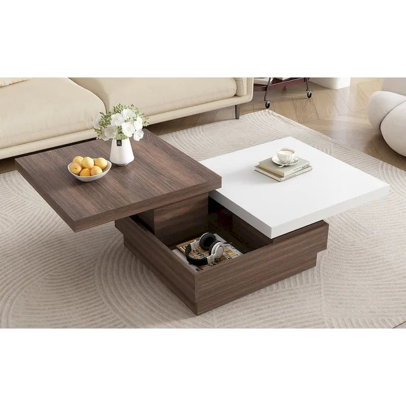 Table basse carrée rotative noire et blanche avec rangement caché, double couche, MDF