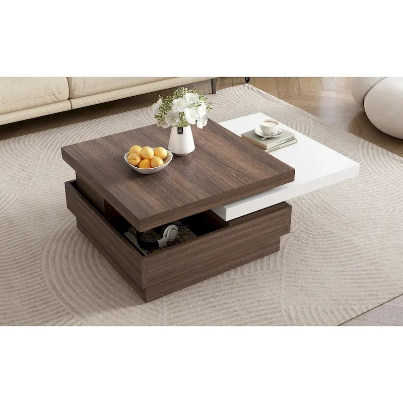 Table basse carrée rotative noire et blanche avec rangement caché, double couche, MDF