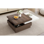 Table basse carrée rotative noire et blanche avec rangement caché, double couche, MDF