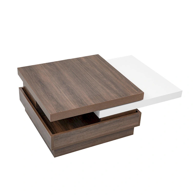 Table basse carrée rotative noire et blanche avec rangement caché, double couche, MDF