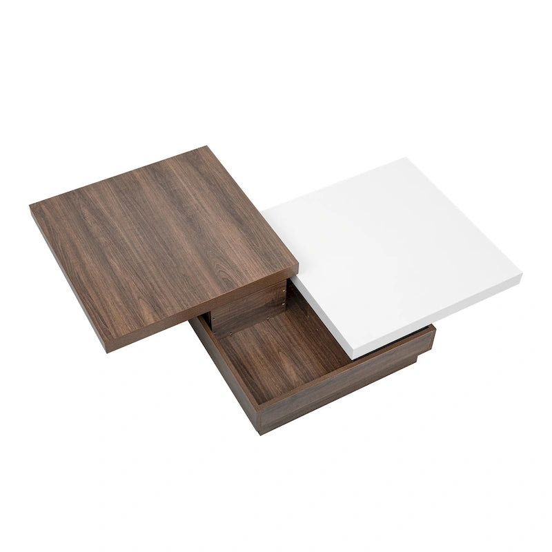 Table basse carrée rotative noire et blanche avec rangement caché, double couche, MDF