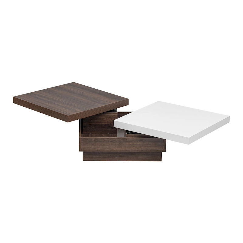 Table basse carrée rotative noire et blanche avec rangement caché, double couche, MDF