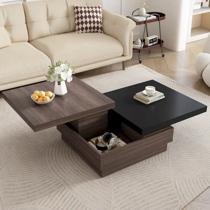 Table basse carrée rotative noire et blanche avec rangement caché, double couche, MDF
