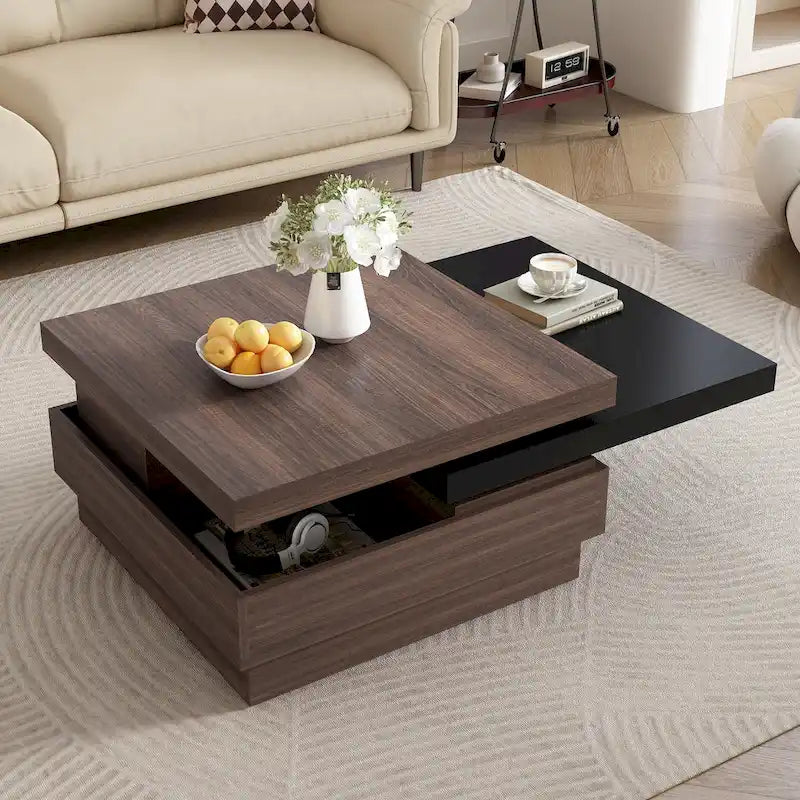 Table basse carrée rotative noire et blanche avec rangement caché, double couche, MDF