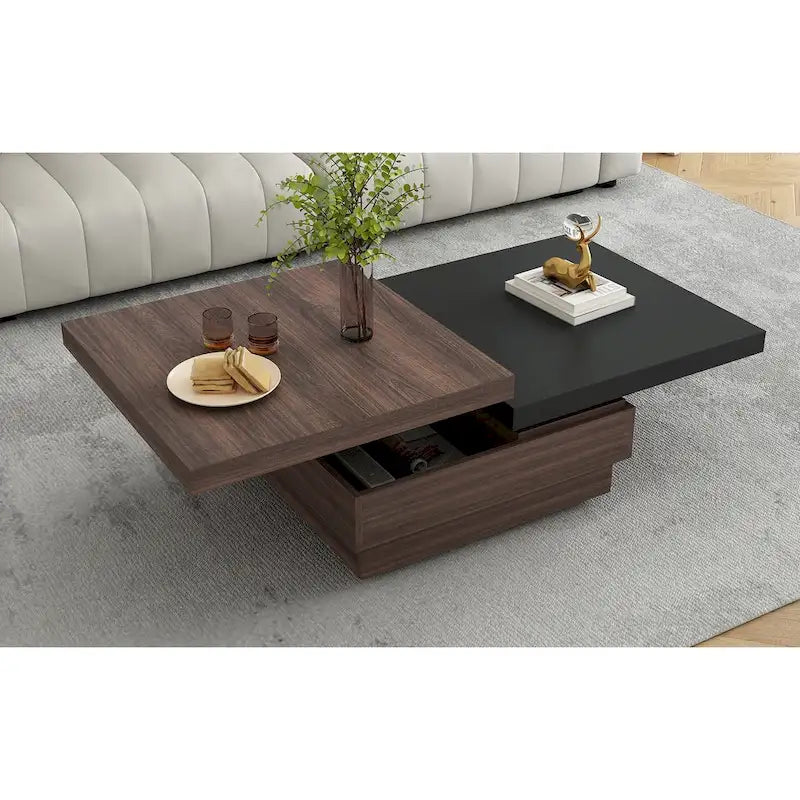 Table basse carrée rotative noire et blanche avec rangement caché, double couche, MDF