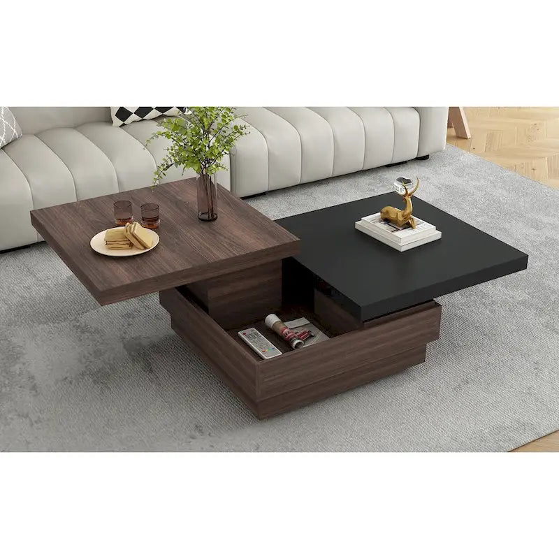 Table basse carrée rotative noire et blanche avec rangement caché, double couche, MDF