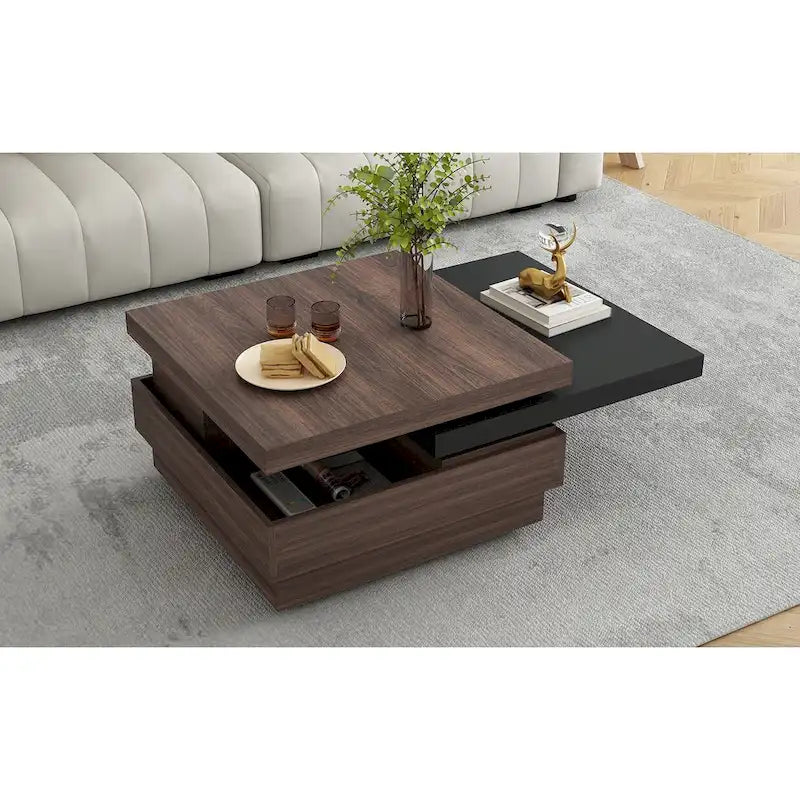 Table basse carrée rotative noire et blanche avec rangement caché, double couche, MDF
