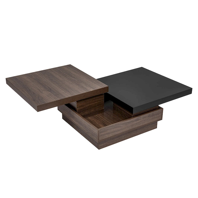 Table basse carrée rotative noire et blanche avec rangement caché, double couche, MDF