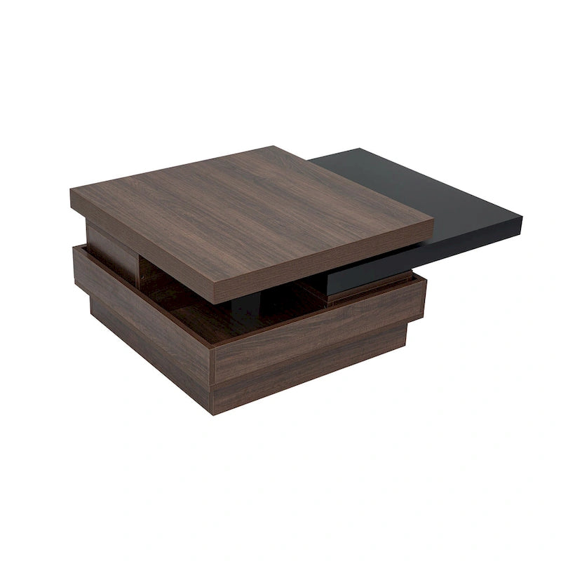 Table basse carrée rotative noire et blanche avec rangement caché, double couche, MDF