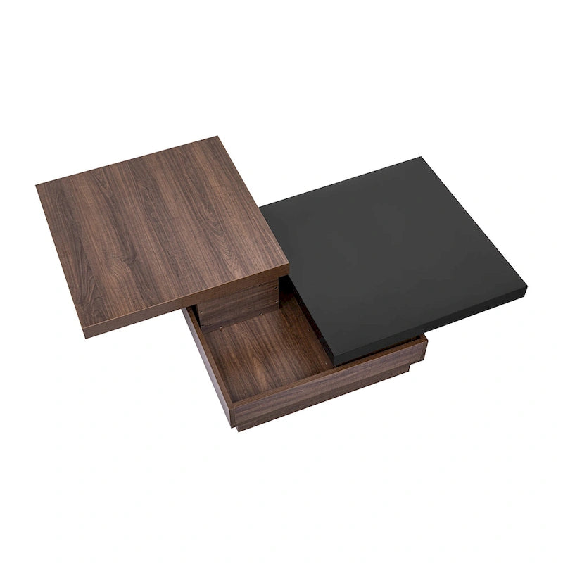Table basse carrée rotative noire et blanche avec rangement caché, double couche, MDF
