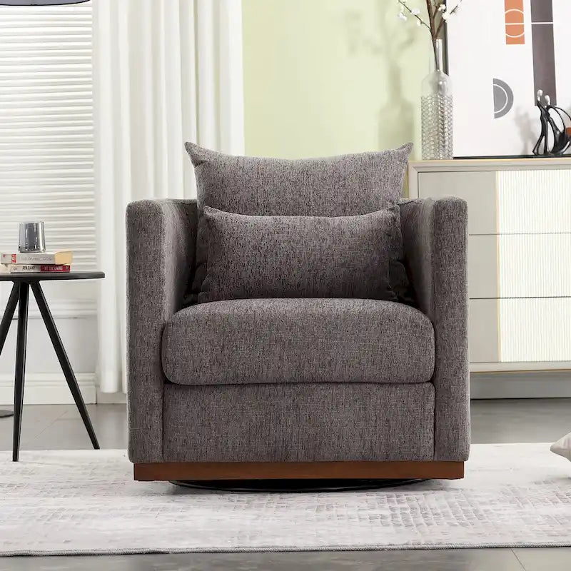 Fauteuil pivotant rond en chenille beige / marron / noir carbone / gris foncé, une place