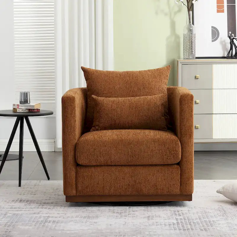Fauteuil pivotant rond en chenille beige / marron / noir carbone / gris foncé, une place