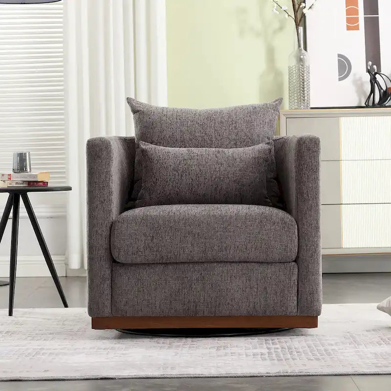 Fauteuil pivotant rond en chenille beige / marron / noir carbone / gris foncé, une place