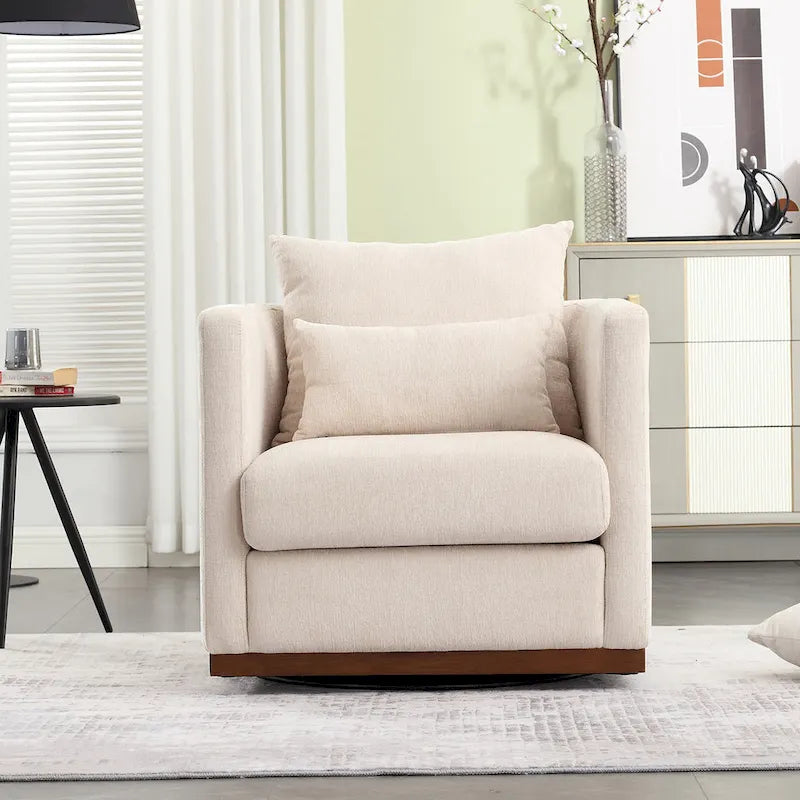 Fauteuil pivotant rond en chenille beige / marron / noir carbone / gris foncé, une place