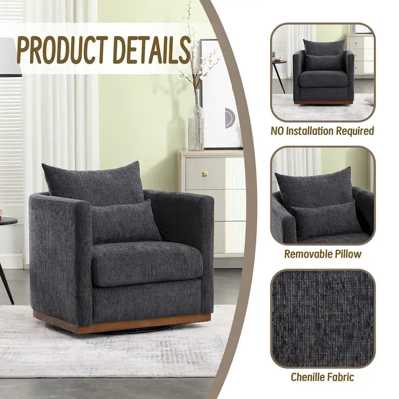 Fauteuil pivotant rond en chenille beige / marron / noir carbone / gris foncé, une place
