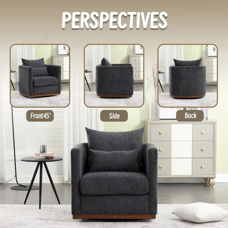 Fauteuil pivotant rond en chenille beige / marron / noir carbone / gris foncé, une place