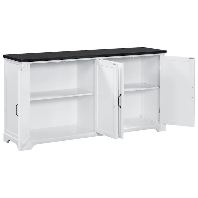Buffet en pin massif style ferme, blanc et noir, avec poignées en métal