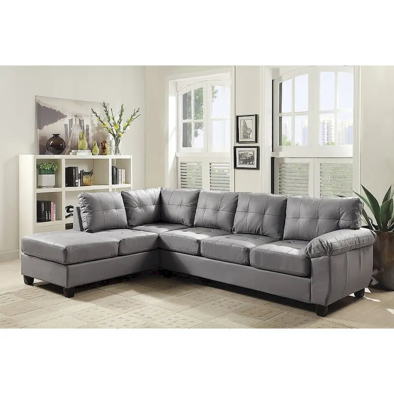 Canapé d'angle modulable en similicuir touffeté gris, réversible, multi-places