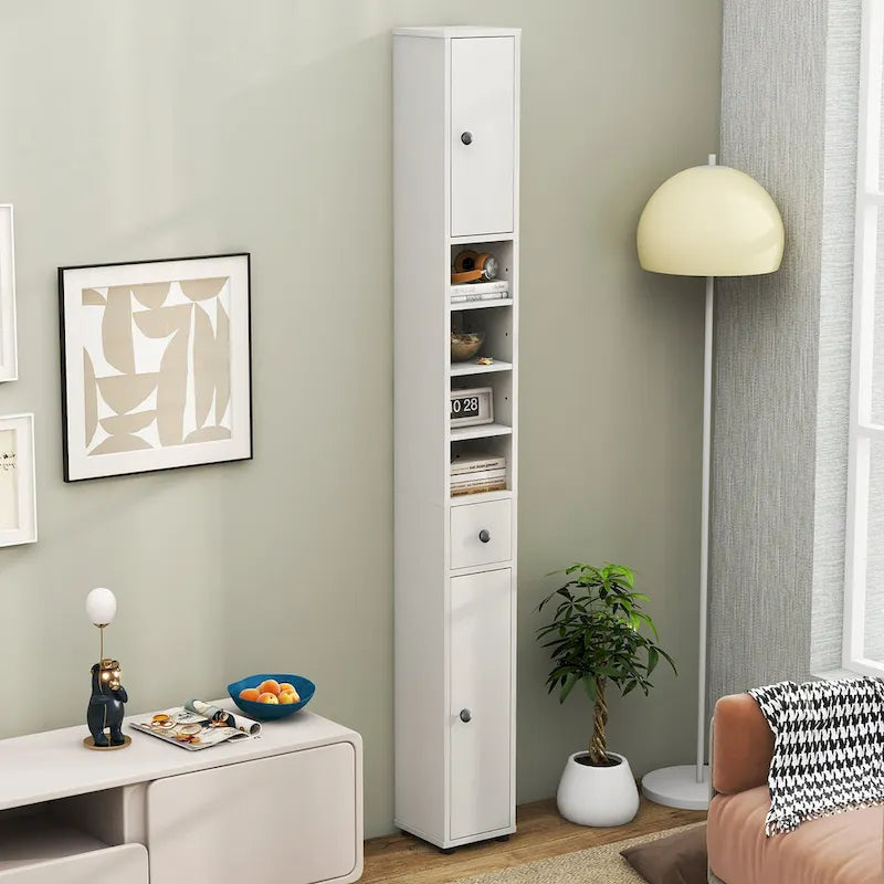 Meuble de rangement haut et étroit blanc peint avec tiroir, simple