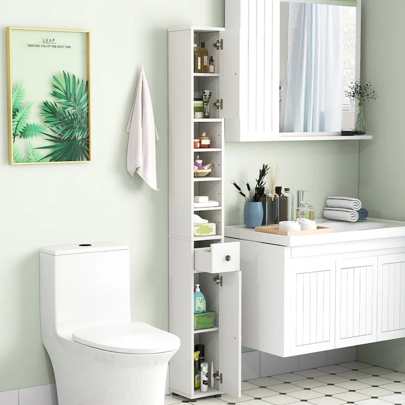 Meuble de rangement haut et étroit blanc peint avec tiroir, simple