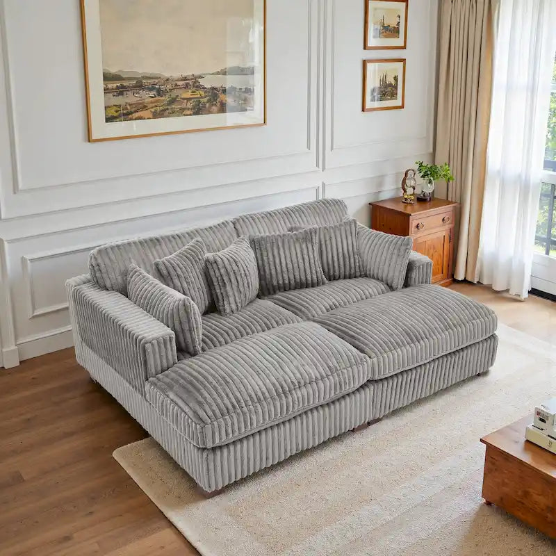 Canapé sectionnel modulaire en velours côtelé marron clair / gris / blanc / vert avec méridienne, 2-4 places