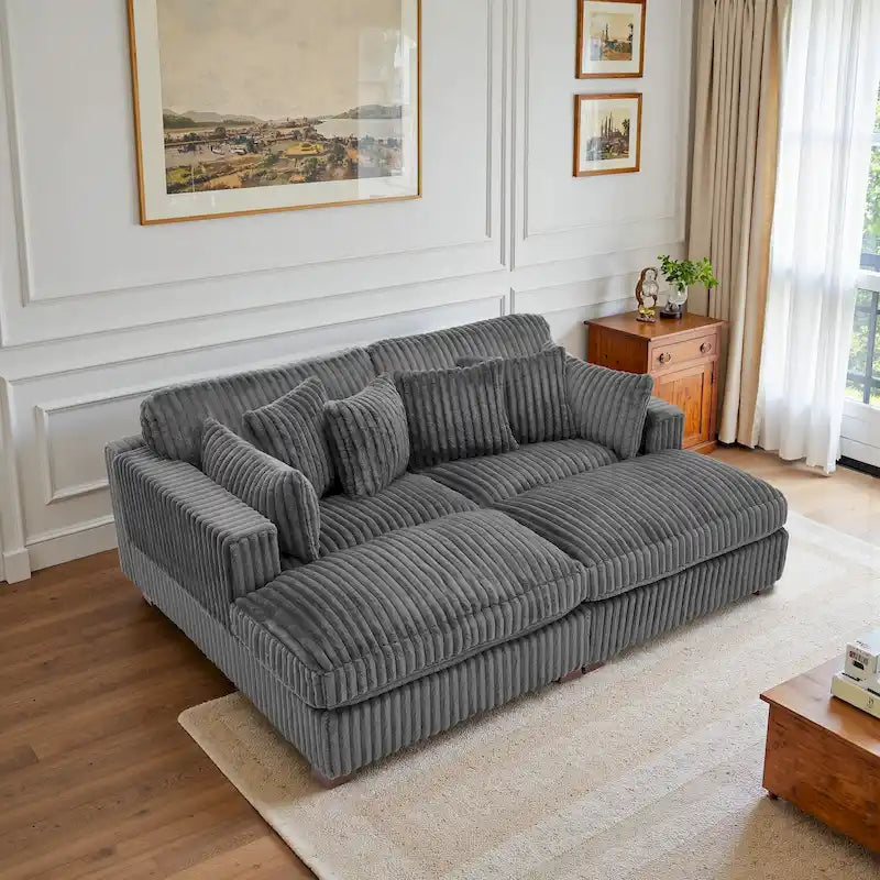 Canapé sectionnel modulaire en velours côtelé marron clair / gris / blanc / vert avec méridienne, 2-4 places