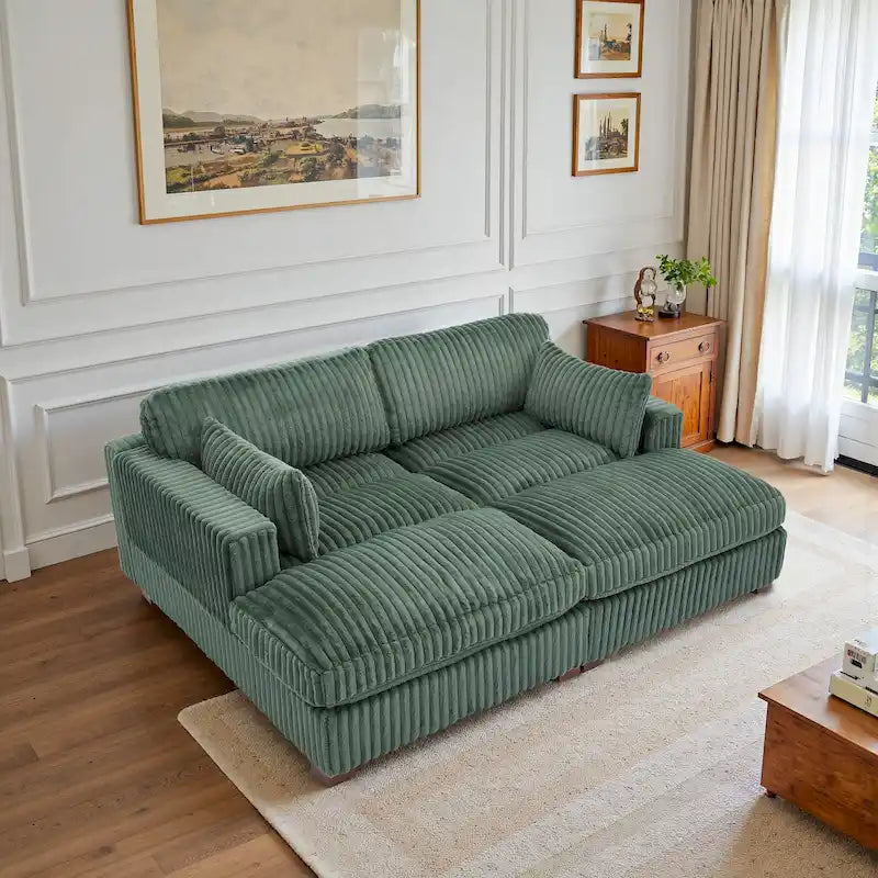 Canapé sectionnel modulaire en velours côtelé marron clair / gris / blanc / vert avec méridienne, 2-4 places