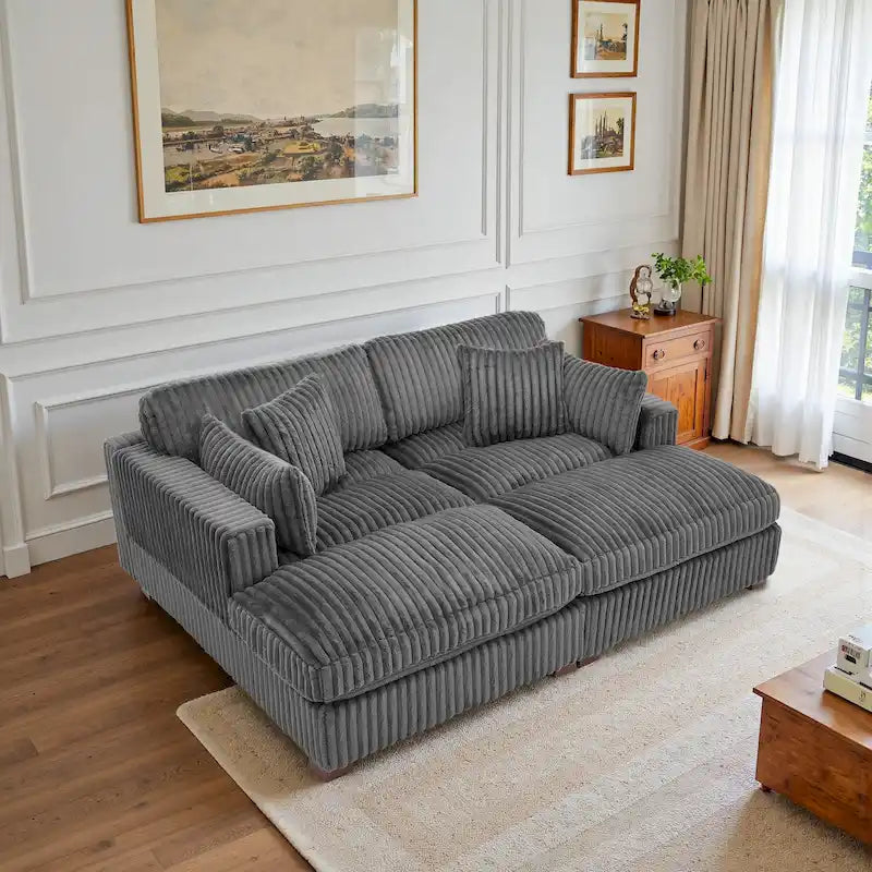 Canapé sectionnel modulaire en velours côtelé marron clair / gris / blanc / vert avec méridienne, 2-4 places