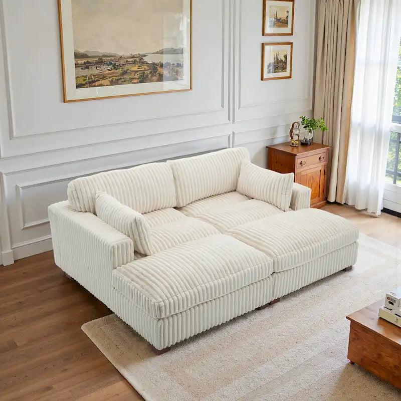 Canapé sectionnel modulaire en velours côtelé marron clair / gris / blanc / vert avec méridienne, 2-4 places
