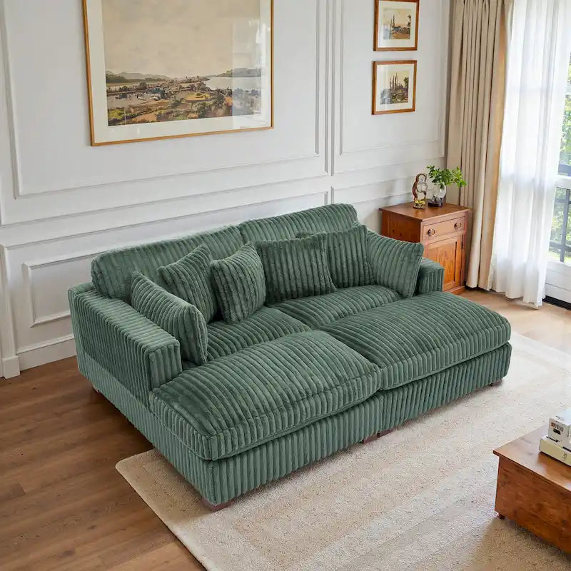 Canapé sectionnel modulaire en velours côtelé marron clair / gris / blanc / vert avec méridienne, 2-4 places