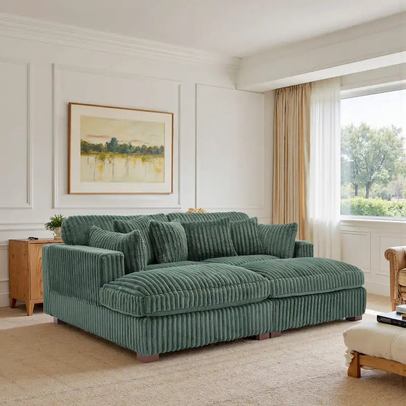 Canapé sectionnel modulaire en velours côtelé marron clair / gris / blanc / vert avec méridienne, 2-4 places
