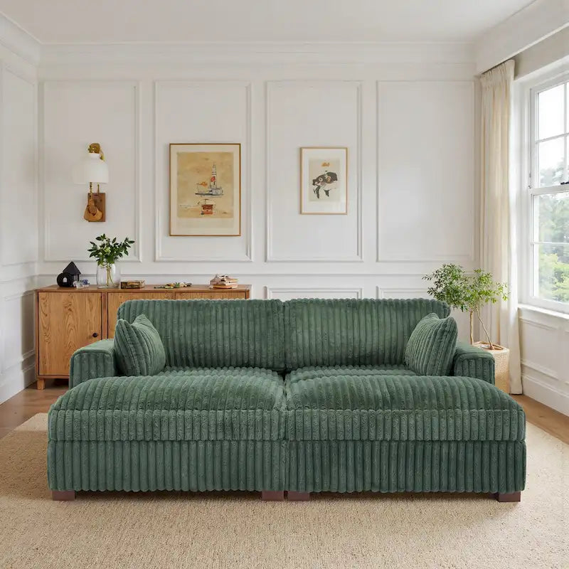 Canapé sectionnel modulaire en velours côtelé marron clair / gris / blanc / vert avec méridienne, 2-4 places