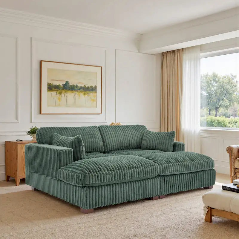 Canapé sectionnel modulaire en velours côtelé marron clair / gris / blanc / vert avec méridienne, 2-4 places
