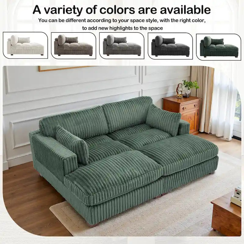 Canapé sectionnel modulaire en velours côtelé marron clair / gris / blanc / vert avec méridienne, 2-4 places