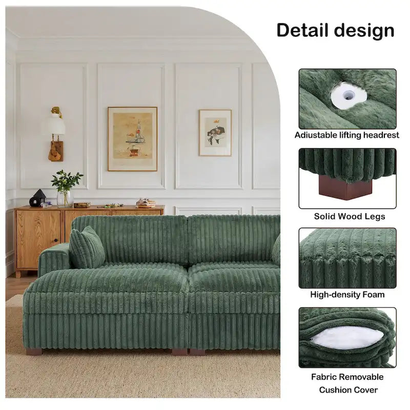Canapé sectionnel modulaire en velours côtelé marron clair / gris / blanc / vert avec méridienne, 2-4 places