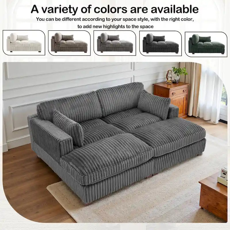 Canapé sectionnel modulaire en velours côtelé marron clair / gris / blanc / vert avec méridienne, 2-4 places