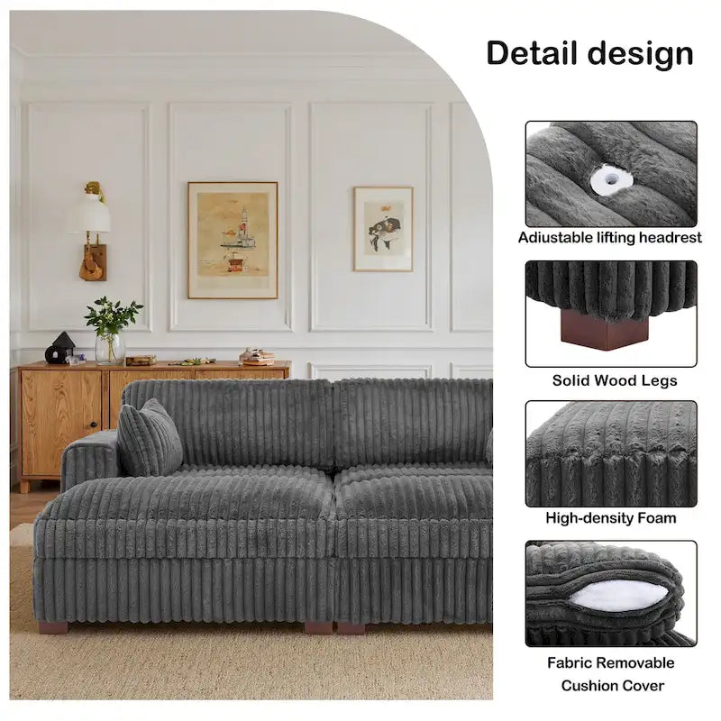 Canapé sectionnel modulaire en velours côtelé marron clair / gris / blanc / vert avec méridienne, 2-4 places