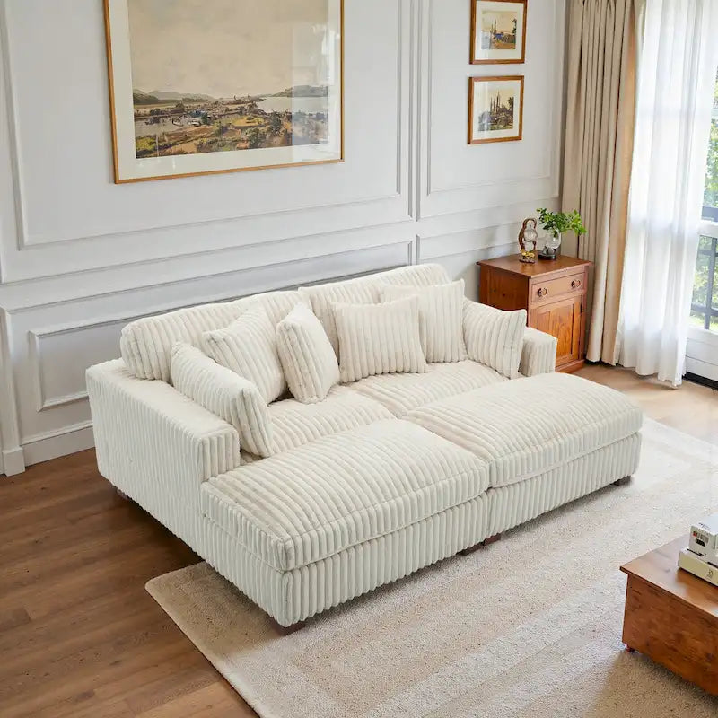 Canapé sectionnel modulaire en velours côtelé marron clair / gris / blanc / vert avec méridienne, 2-4 places