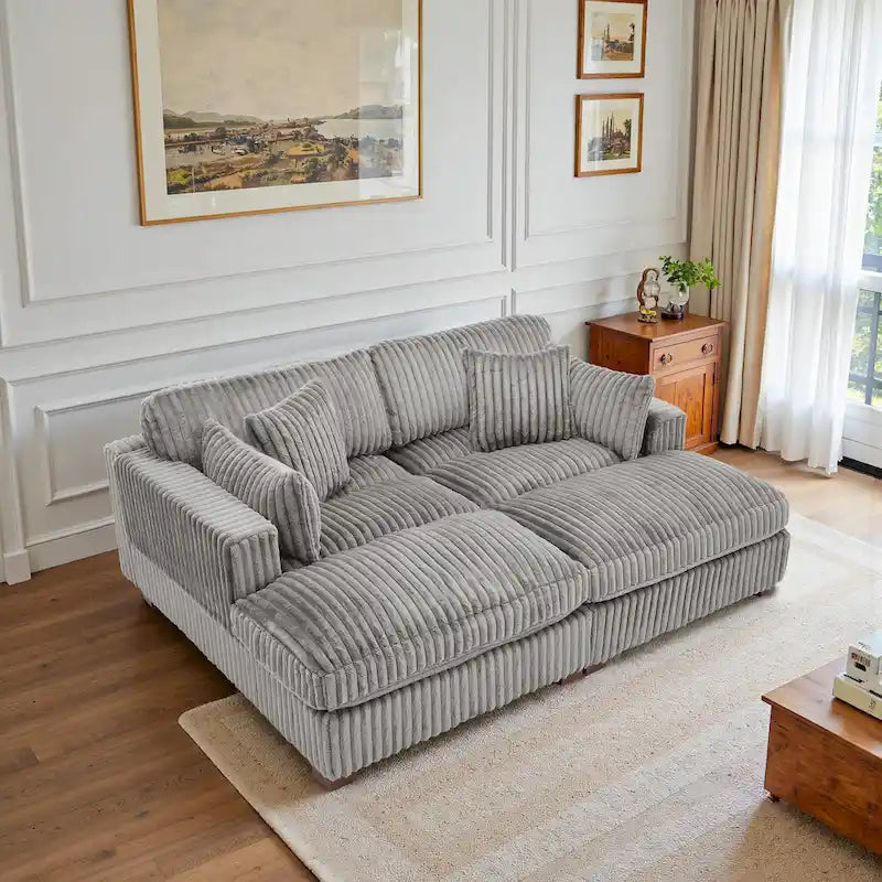 Canapé sectionnel modulaire en velours côtelé marron clair / gris / blanc / vert avec méridienne, 2-4 places