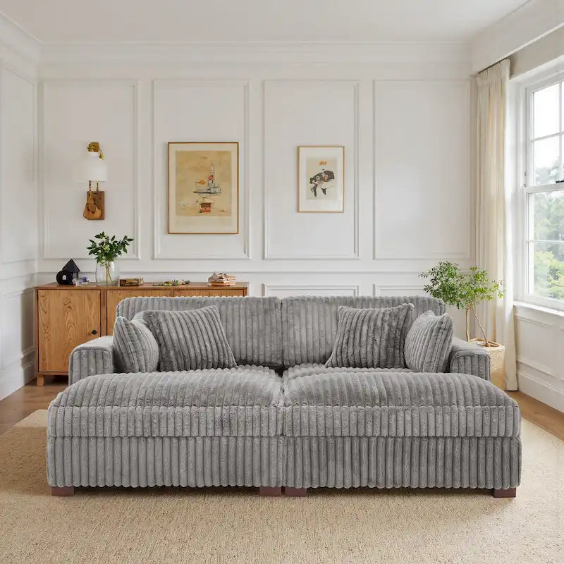 Canapé sectionnel modulaire en velours côtelé marron clair / gris / blanc / vert avec méridienne, 2-4 places