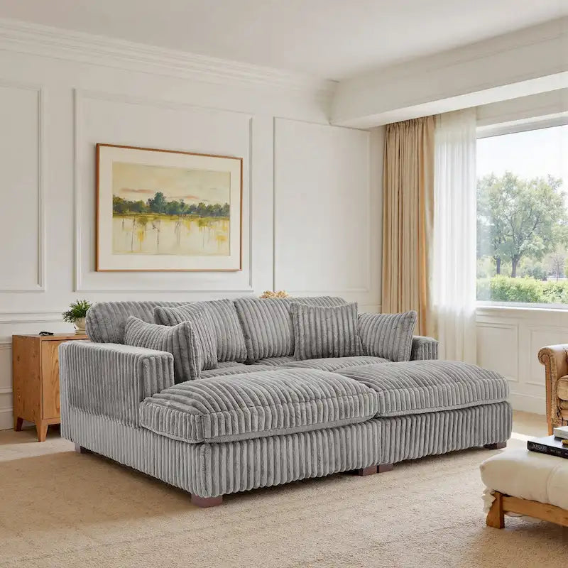 Canapé sectionnel modulaire en velours côtelé marron clair / gris / blanc / vert avec méridienne, 2-4 places