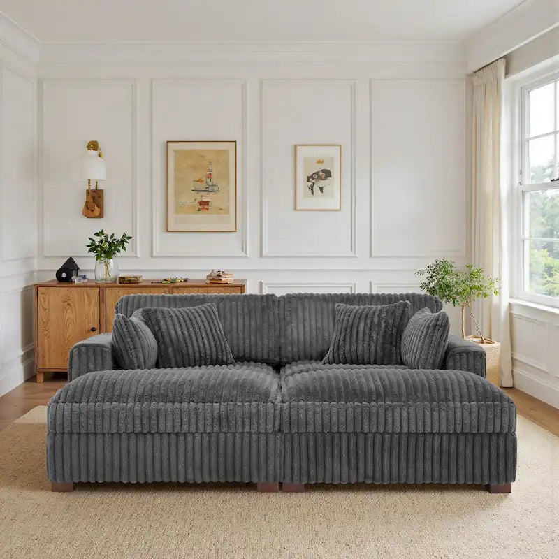 Canapé sectionnel modulaire en velours côtelé marron clair / gris / blanc / vert avec méridienne, 2-4 places