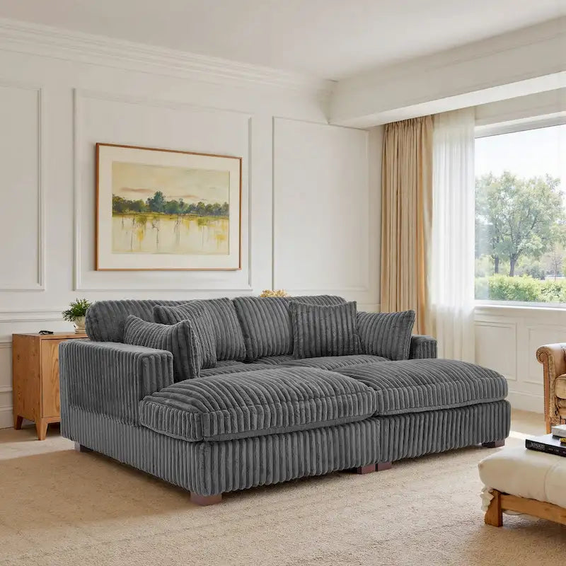 Canapé sectionnel modulaire en velours côtelé marron clair / gris / blanc / vert avec méridienne, 2-4 places